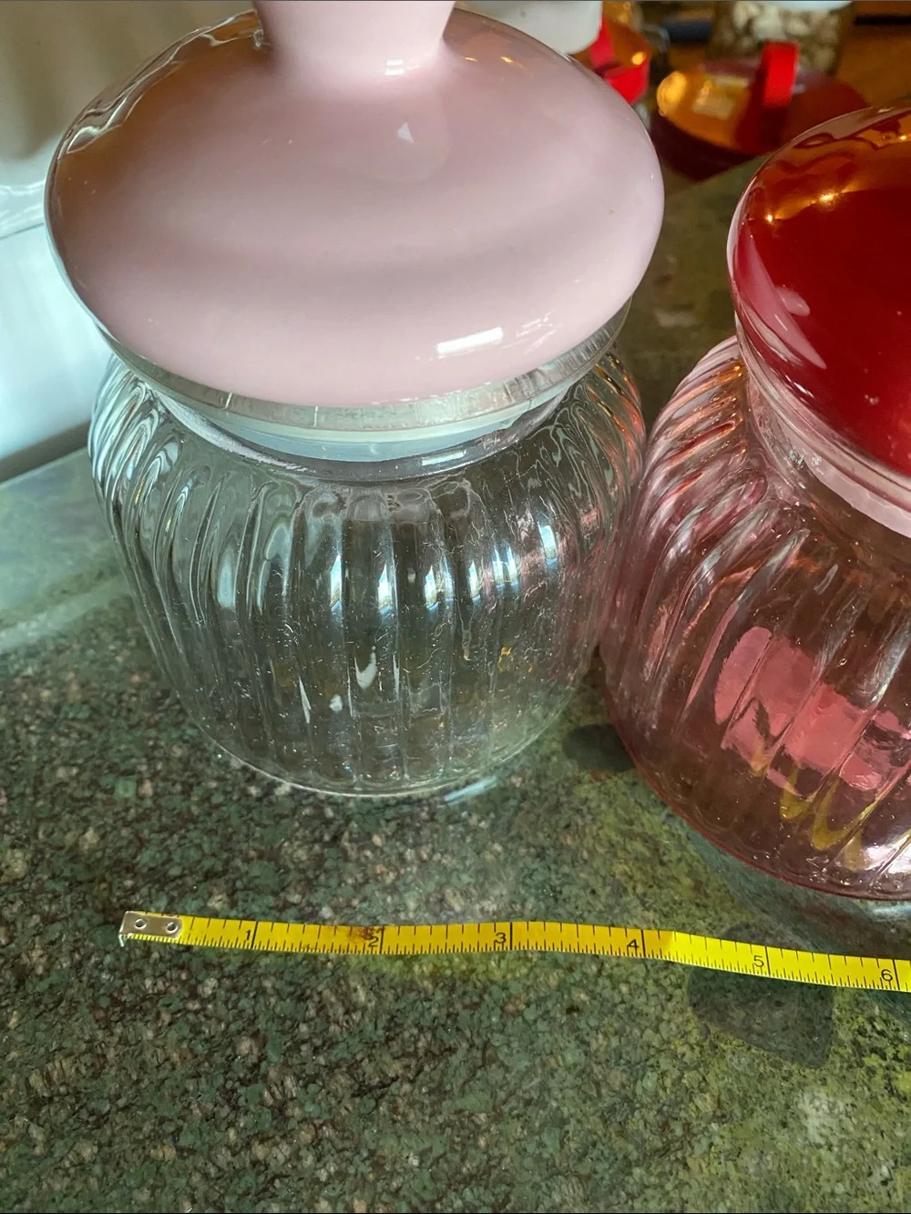 Trio decorative ❤️ribbed glass jars featuring ceramic heart-shaped Top